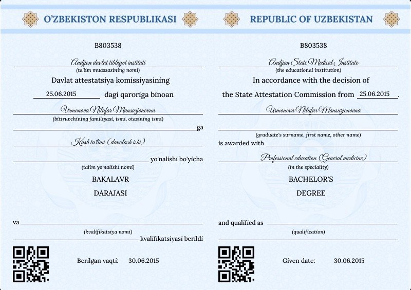 Бакалавр, Андижанский государственный медицинский институт, 2015
